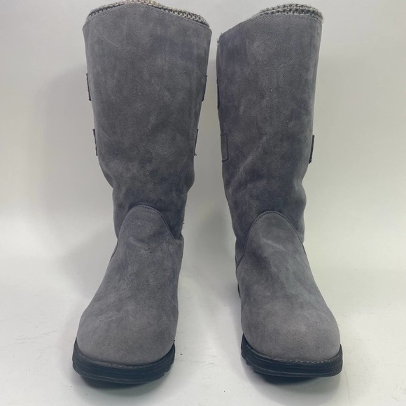 Womens Muk Luks Mukluks Mid Calf Boots Gray Knit Suede Buckle Accent - Picture 3 of 8